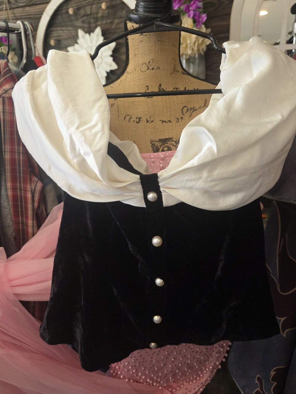 White House Black Market Off-Shoulder Black Velvet Top with White Draped Detail - Picture 2 of 5